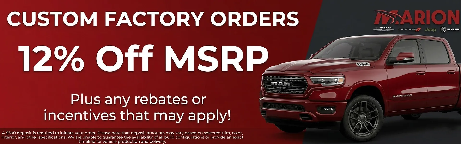 Marion Chrysler Dodge Jeep Ram custom build orders 12 percent off plus rebates and incentives